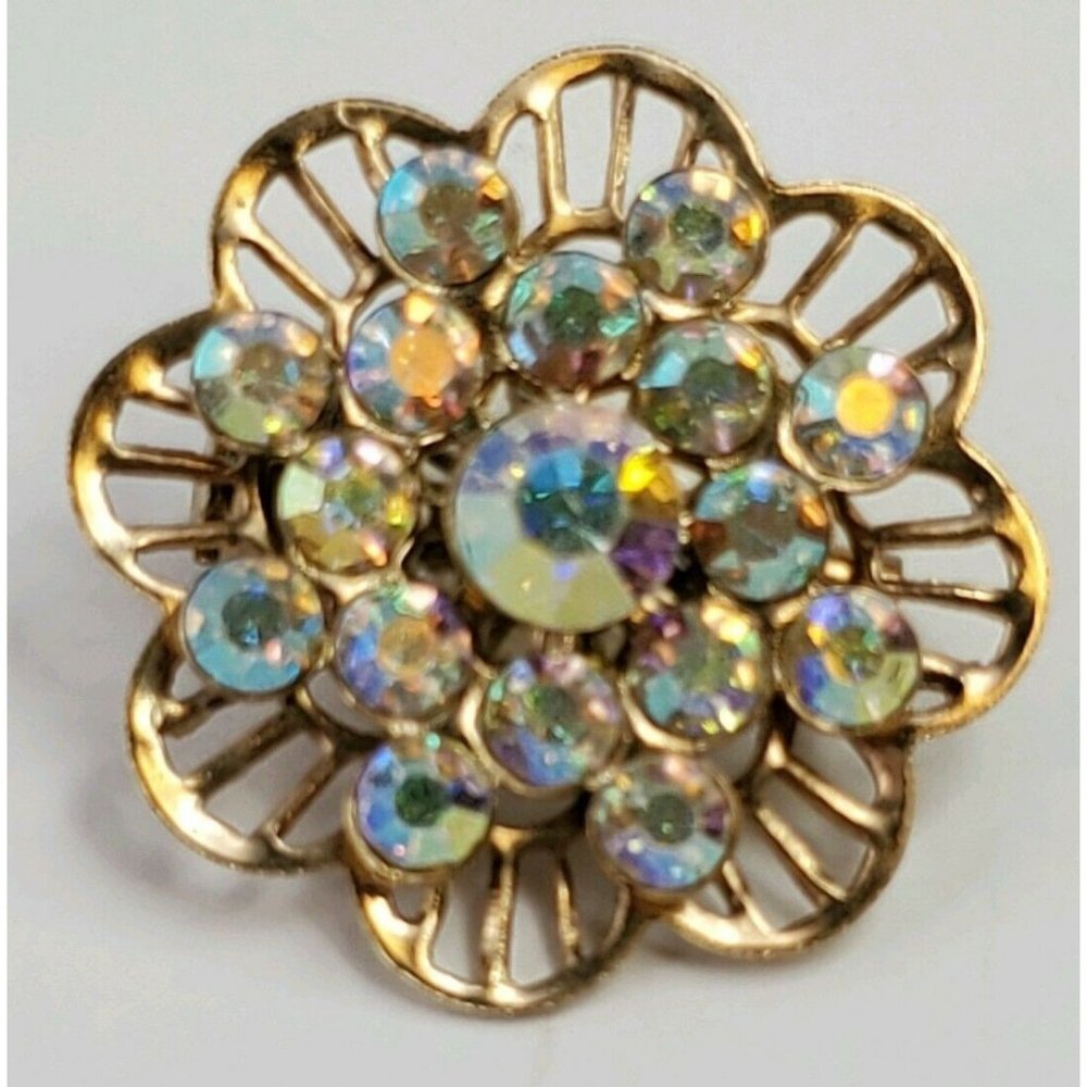 Vintage Gold Tone Iridescent Rhinestone Floral Round Shape Brooch Pin
